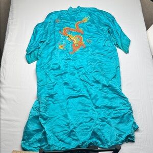 Vintage Golden Dragon Hand embroidered Silk Robe size medium no belt blue STAINS